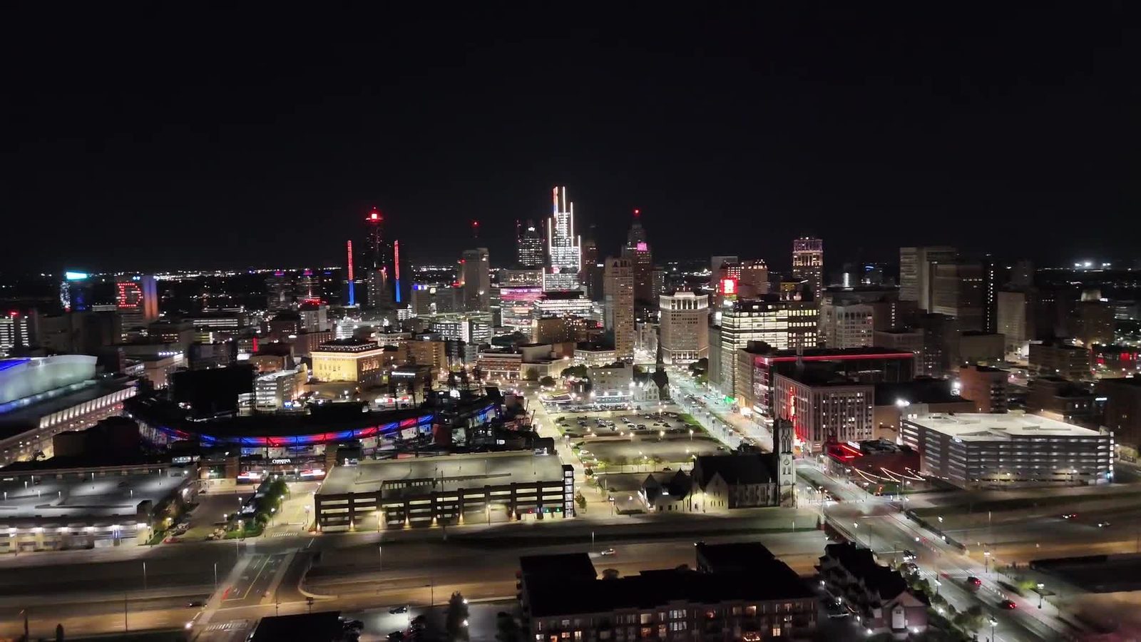 Downtown Detroit skyline — drone view